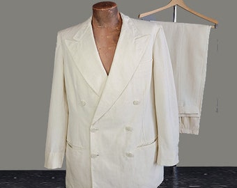 1940s Palm Beach Suit / 1940s Double Breasted Suit / Cream Linen Suit / 1940s Peaked Lapel Suit / Men's White Suit / Size Medium Size 41 Reg