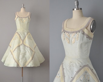 Rare 1950s FONTANA Dress / Sorelle Fontana Couture Dress / Pale Blue Organdy Dress w/ Appliqués / Fit and Flare Party Dress / Size Small