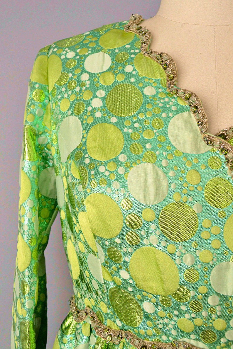 1960s Oscar de la Renta Dress / Green Champagne Bubbles Dress / 960s Designer Dress / Green Gown / Small image 2