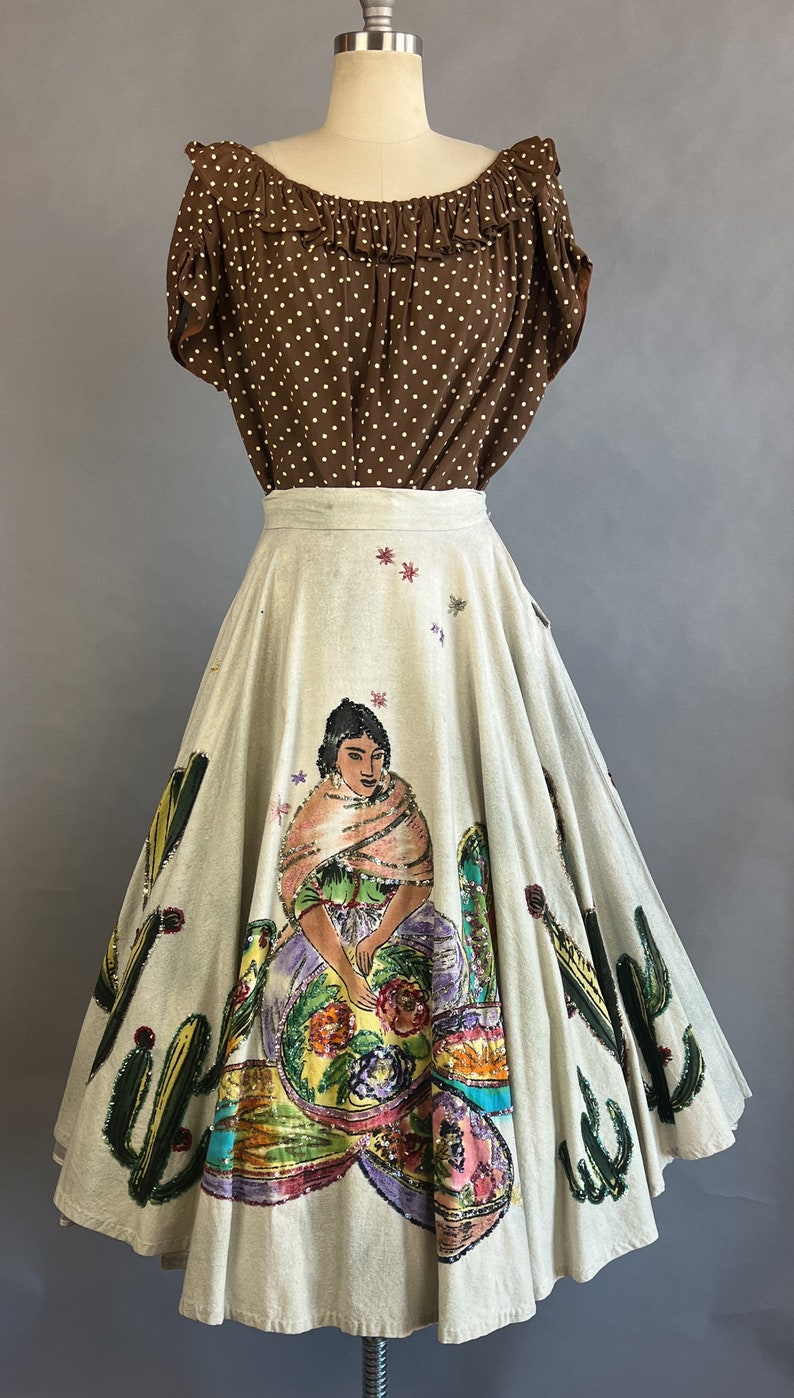 1950s Circle Skirt / 50s Sequin Mexican Circle Skirt w/ Woman, Flowers, & Cacti / Size Medium image 2