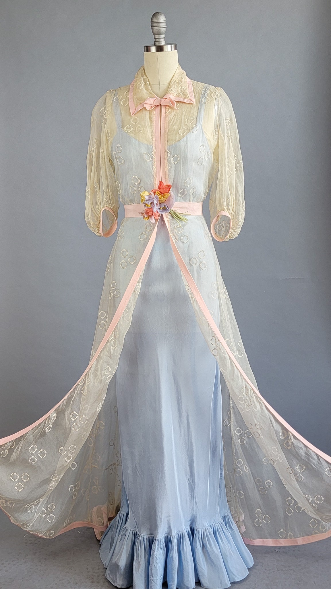 1930s Organdy Dress / 1930s Ivory Organdy Gown Over Blue 1930s Organdy Dress / 1930s Ivory Organdy Gown Over Blue