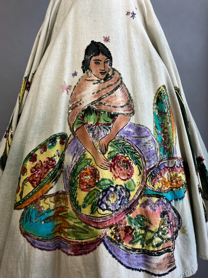 1950s Circle Skirt / 50s Sequin Mexican Circle Skirt w/ Woman, Flowers, & Cacti / Size Medium image 5