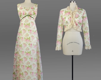 1960s Dress / Rose Print Maxi with Matching Jacket / Garden Party Dress / Cottagecore Dress / Size Medium Large