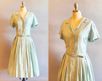 1950's Blue Silk Shirtwaist / 1950s Blue Day Dress / 1950's Fit And Flare Dress / Size Large