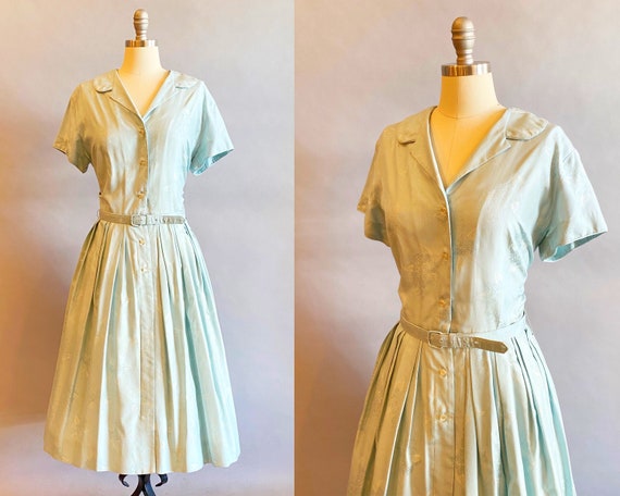 1950's Blue Silk Shirtwaist / 1950s Blue Day Dres… - image 1