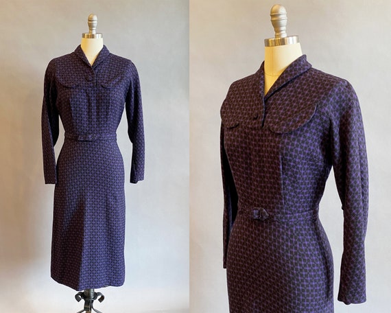 1950s Wiggle Dress / 50s Office Dress / Black And… - image 1