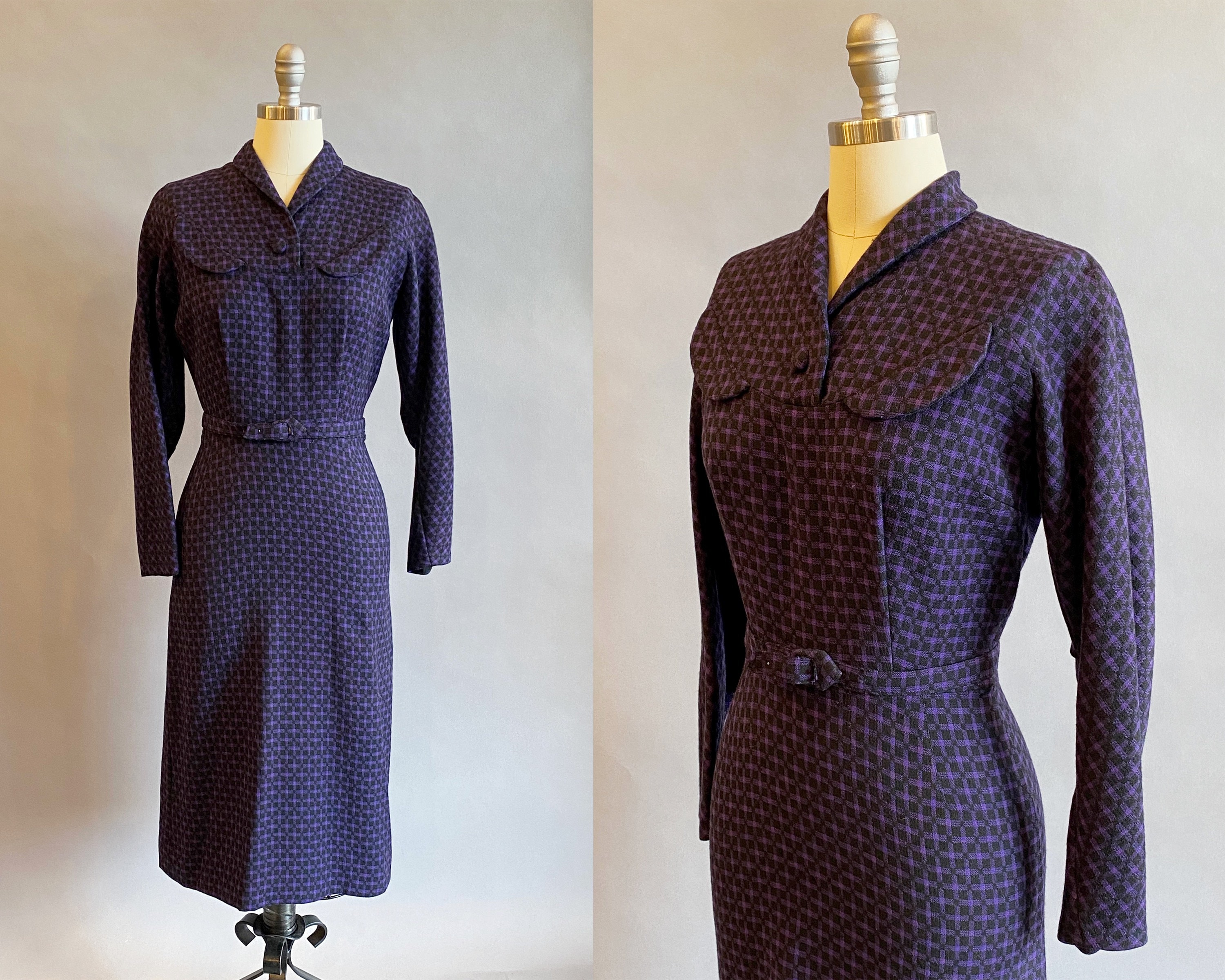 1950s Wiggle Dress / 50s Office Dress / Black And Purple Check | Etsy
