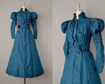 1800s Silk Dress / Victorian Teal Silk Two-Piece Dress / Size Extra Extra Small