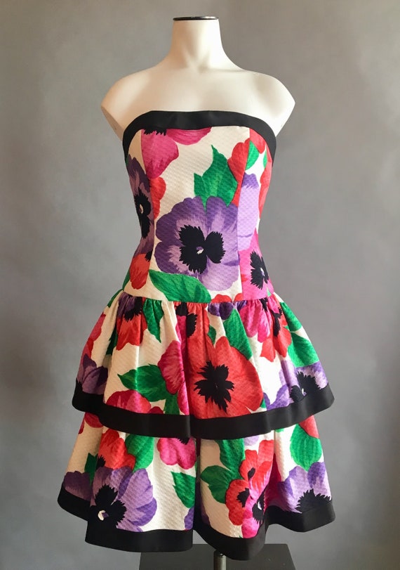 1980s Strapless Flower Print Dress / Cotton Pique… - image 2