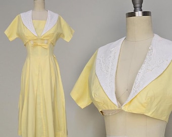 1950s Dress / Fit And Flare Dress / Yellow Dress / Cotton Day Dress / Size Small