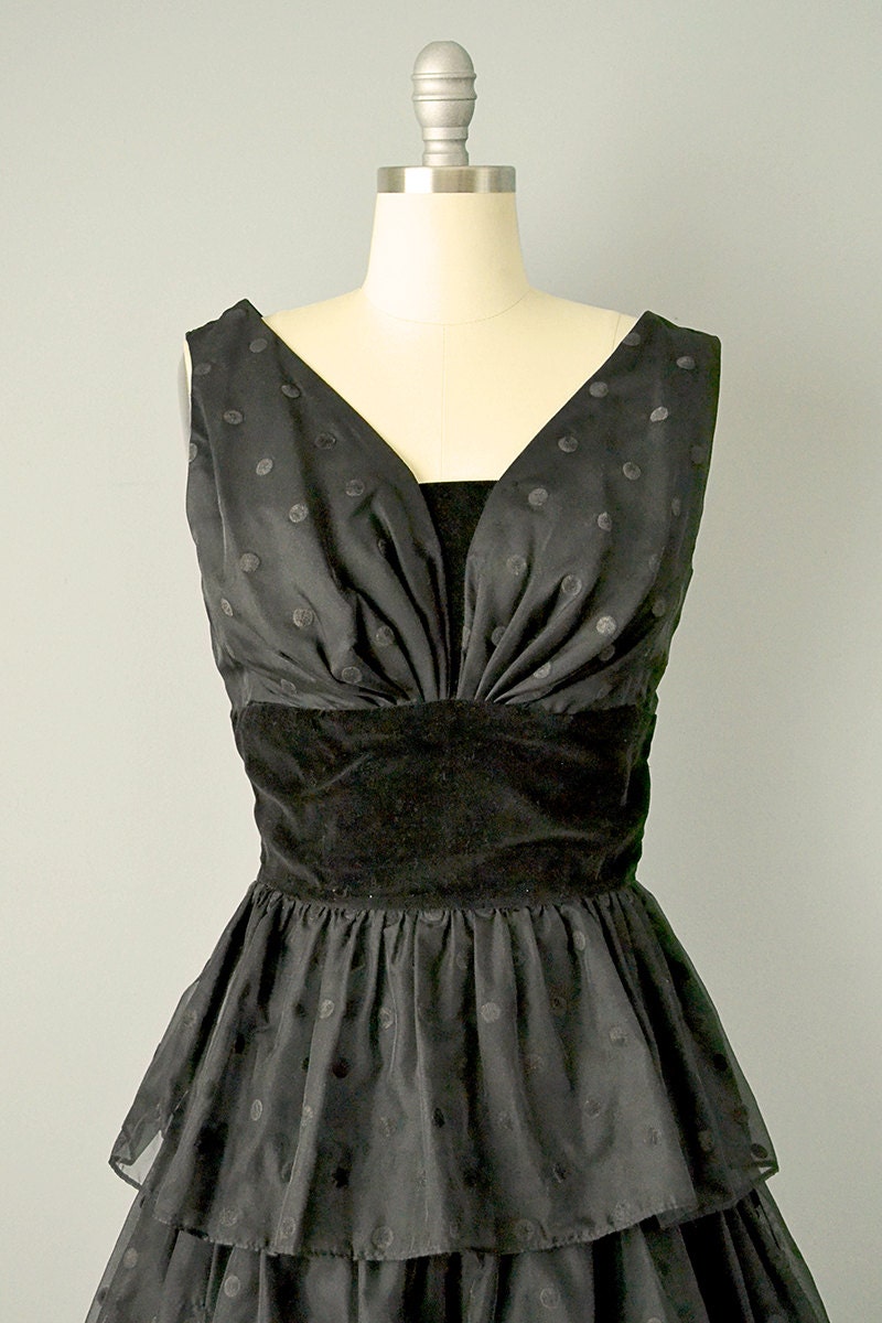 SALE 50% 50s Dress // 1950's Black Flocked Polka Dot | Etsy