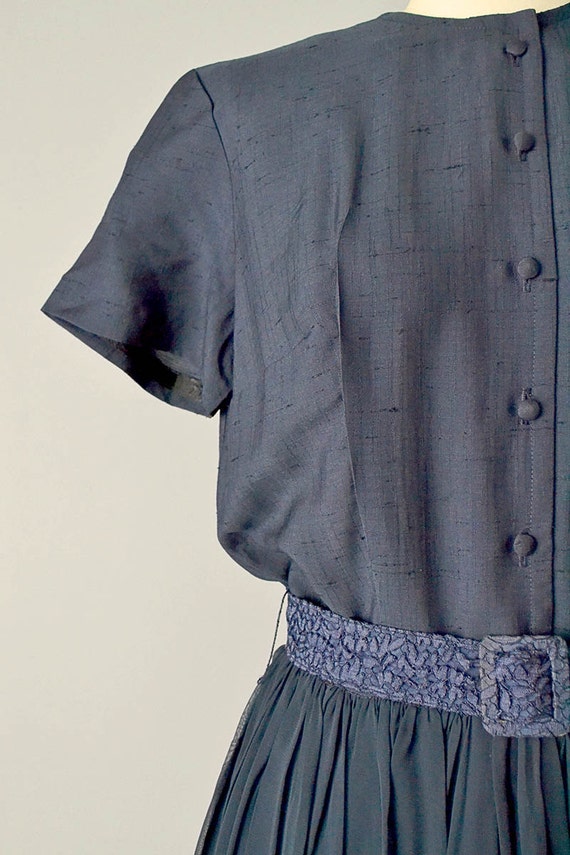 1950s Shantung Dress / Navy Blue Silk Chiffon and… - image 2