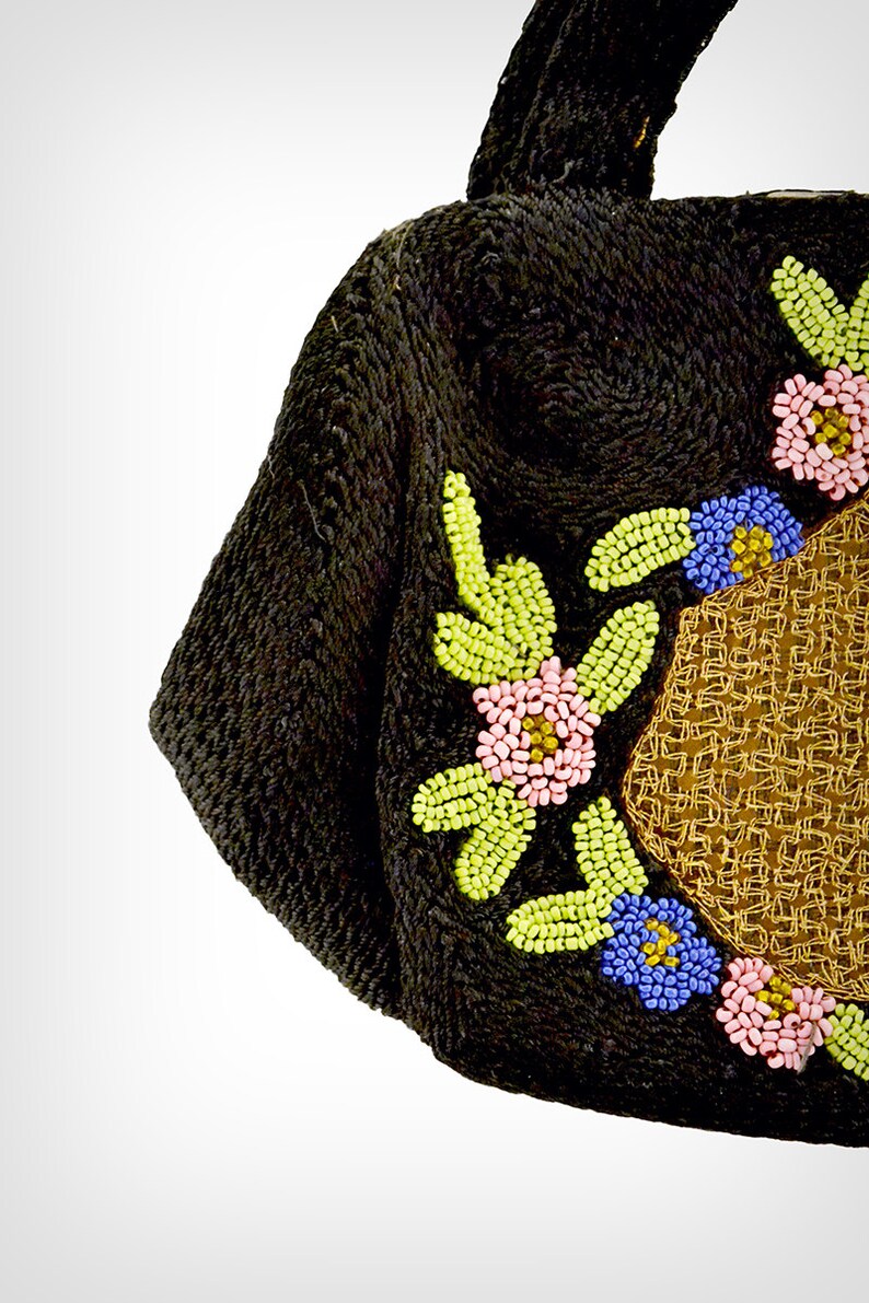 1930s Crochet Purse / 1930s Black Crocheted Silk Hand-Beaded Belgian Handbag image 2