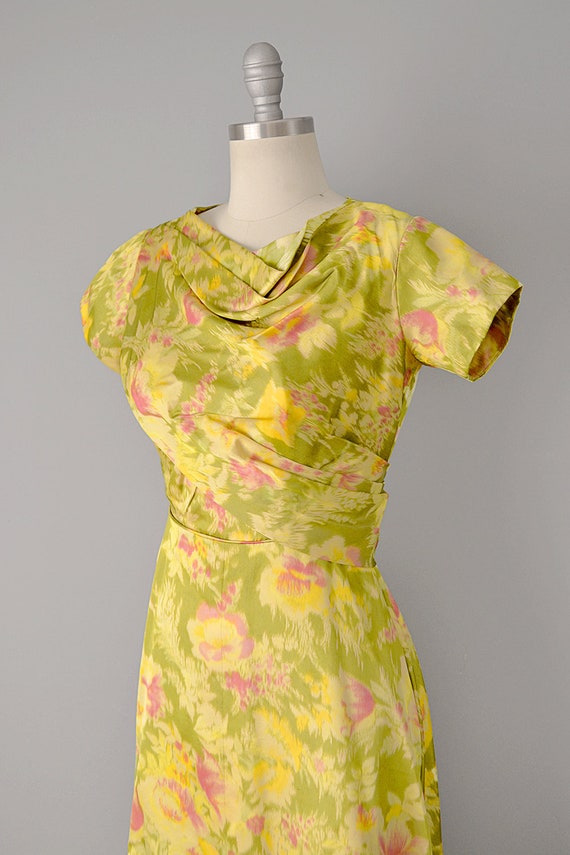 1950s Floral Print Silk Gown / 50s Dress / Yellow… - image 5