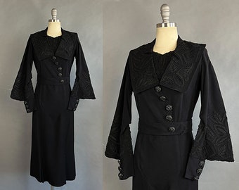 1910s Day Dress /Dramatic Midnight Wool Dress w/ Passementerie / Statement Sleeves / Size Small Medium