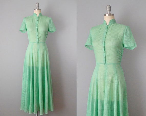 1930s Green Dotted Swiss Dress / 30s Long Cotton D