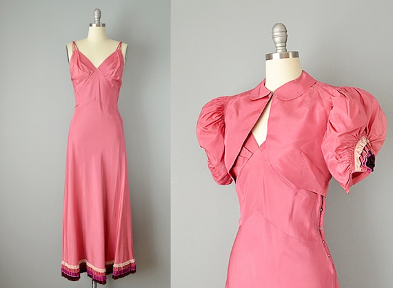30s Dress // 1930s Pink Silk Taffeta Gown w/ Tiere