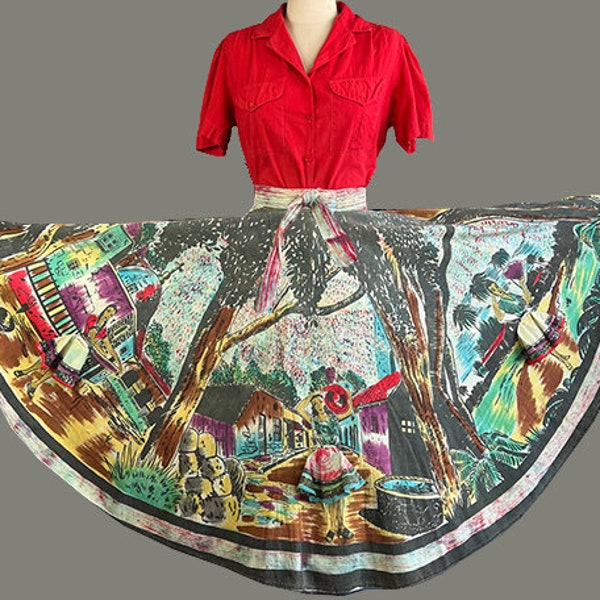 RESERVED: 1950s Circle Skirt / Hand Painted Mexican Circle Skirt w/ Skirt Appliqués / Mexican Tourist Skirt / Size Medium Size Small