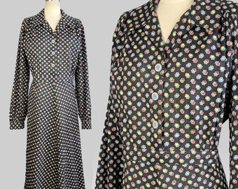 1940s Work Dress / Ranch Dress / Black Cotton Floral Print Dress / Plus Size, Extra Extra Large, XXL