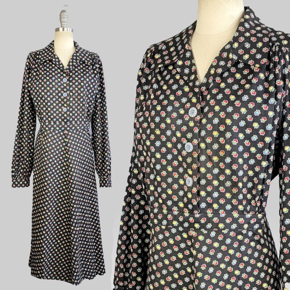 1940s Work Dress / Ranch Dress / Black Cotton Flo… - image 1