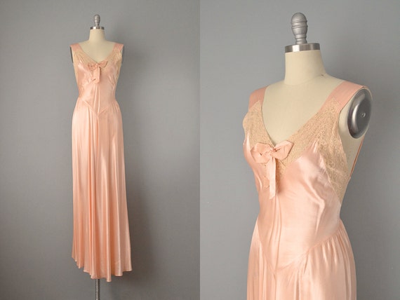 30s Dress // 1930’s Peach Bias Cut Satin and Ecru