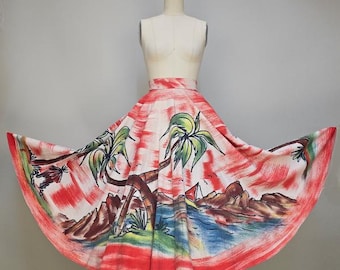1950s Circle Skirt / Hand Painted Mexican Skirt / Mexican Tourist Skirt / Novelty Skirt / Size Small - Medium - Large