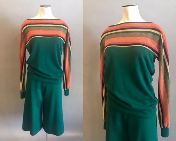 1970s Knit Set / Striped Knit with Culottes / 70s