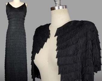 1940s Fringed Dress / Black Fringe Gown with Matching Bolero Jacket / 1940s Hawaiian Dress / Size Small