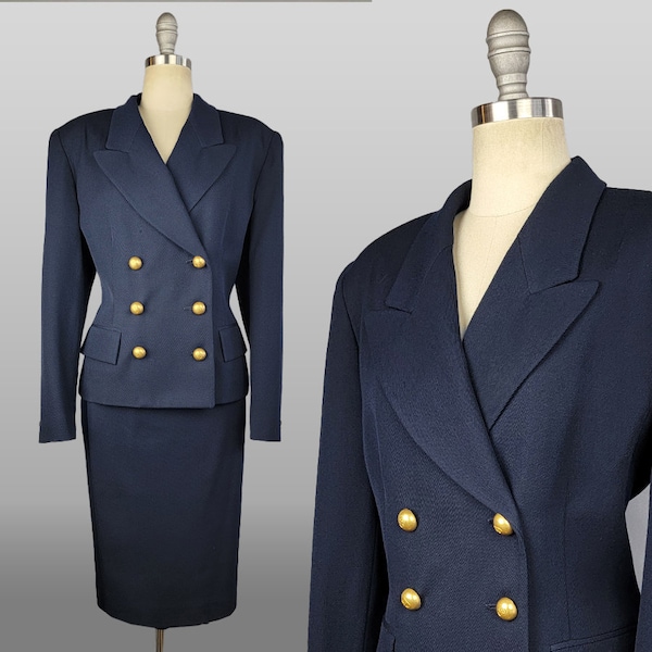 Vintage Christian Dior / 1980s Navy Dior Suit with Gold Buttons / Christian Dior Suit / Size Large