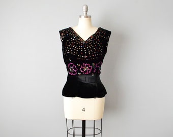 1950s Black Velvet Sequined Top /Mexican Velvet / 50s Sequined Blouse / Size Medium
