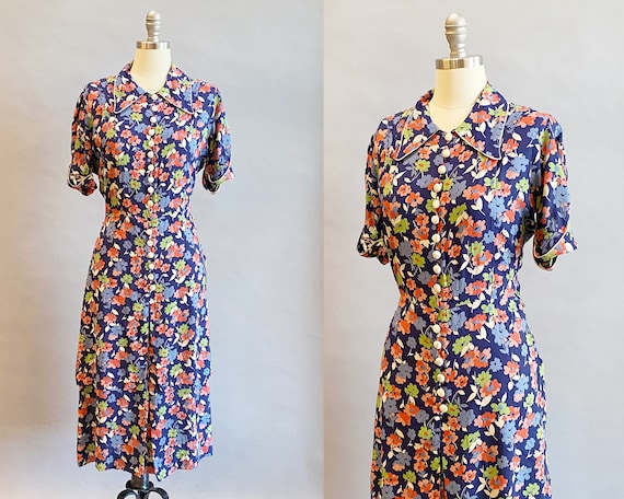 1940s Rayon Dress / 1940s Floral Dress / 1940s Da… - image 1