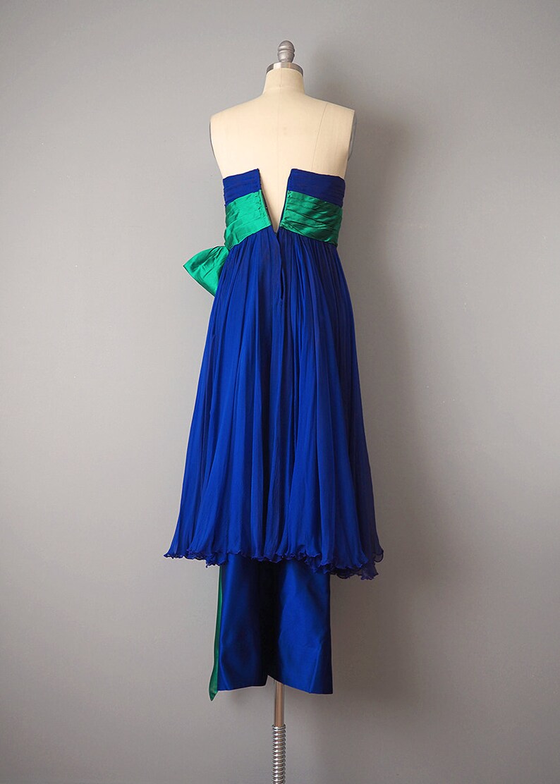 Bergdorf Goodman Designer Couture / 1950s Dress and Cape / 1957 Royal Blue and Emerald Silk Gown and Matching Cape / Size Small image 6