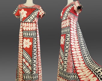 1960s Hawaiian Dress / Block Print Hawaiian Fabric  / Hawaiian Barkcloth / Polynesian Dress / 1960s Maxi Dress / Size Medium