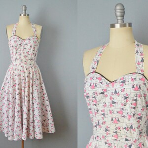 1950s Novelty Print Dress / Floral Print Dress / Umbrella Print / Fit And Flare Dress / Size Extra Small - Small