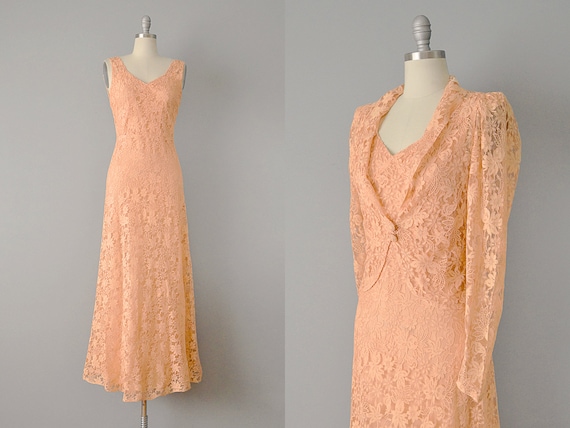 30s Dress // 1930s Peach Silk Lace Dress w/ Matchi