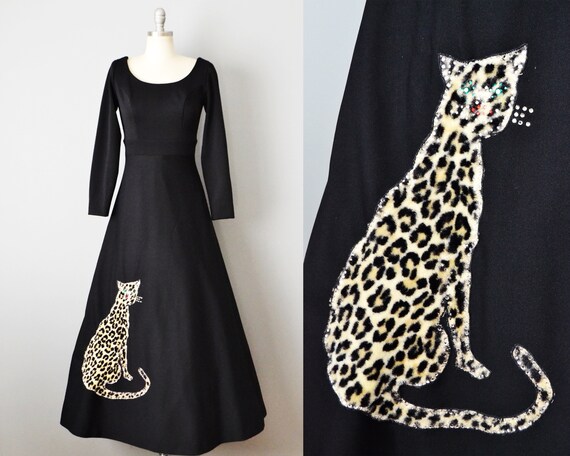 1960s Maxi Dress / Black Maxi Dress With Leopard C