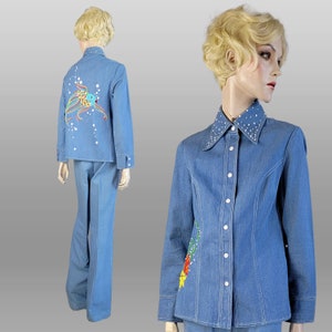1970s Denim Hosenanzug / Perlenfisch / Custom Denim /1970s Westernanzug / High Waist Hose / Jeanshemd-Jac / 1970s Pantsuit / Größe S
