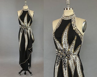 1980s Beaded Gown / Rholand Roxas Evening Gown / Show Gown / Backless Dress / Vintage Evening Wear / Size Small