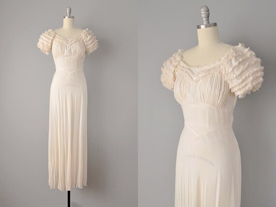 30s Dress // 1930’s Ivory Silk Chiffon Dress w/ Ru