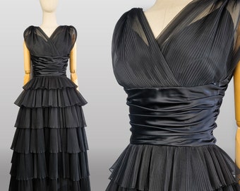 1960s Cocktail Dress / Designer Kappi / 1960s Party Dress / 1960s Formal / 60s Black Micro Pleated Tiered  Dress / Size Small