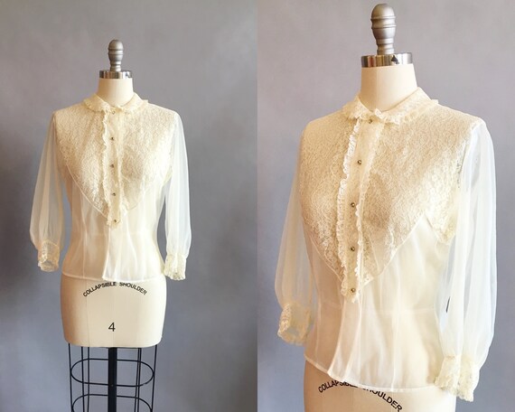 1950s Lace Blouse / Nylon Lace Blouse / Sheer Blou
