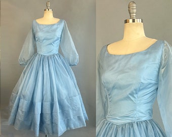 1950s Blue Gown / 1950s Blue Organdy Party Dress / Fit & Flare Formal Dress   / Size Small