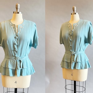 1950s Jacket / Blue Embroidered Blouse / 50s Peplum Jacket / Size Small