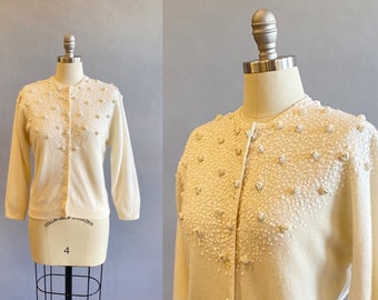 1950s Cream Sequined Cardigan / Beaded Sweater / White Beaded Sweater / Size Medium Large