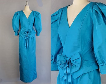 Vestido de noche de los años 80 / Conjunto de vestido formal color verde azulado de los años 80 / Vestido formal azul / Talla grande
