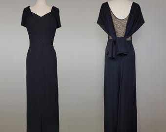 1930s Gown / Black Gown / Black Crepe Gown / Evening Dress / 1930s Evening Dress / Lace Illusion Dress / Size Small