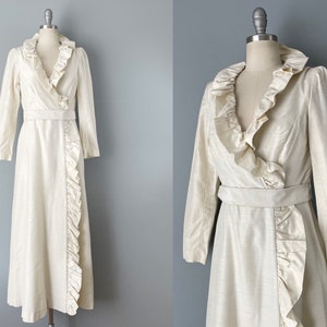 80er Jahre Kleid / Elfenbein Abendkleid / Rüschen Wickelkleid / 80er Jahre Formkleid / Lässiges Hochzeitskleid / Größe Medium