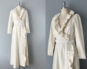 1980s Gown / Ivory Evening Dress / Ruffled Wrap Dress / 1980s Formal Dress / Casual Wedding Dress / Size Medium