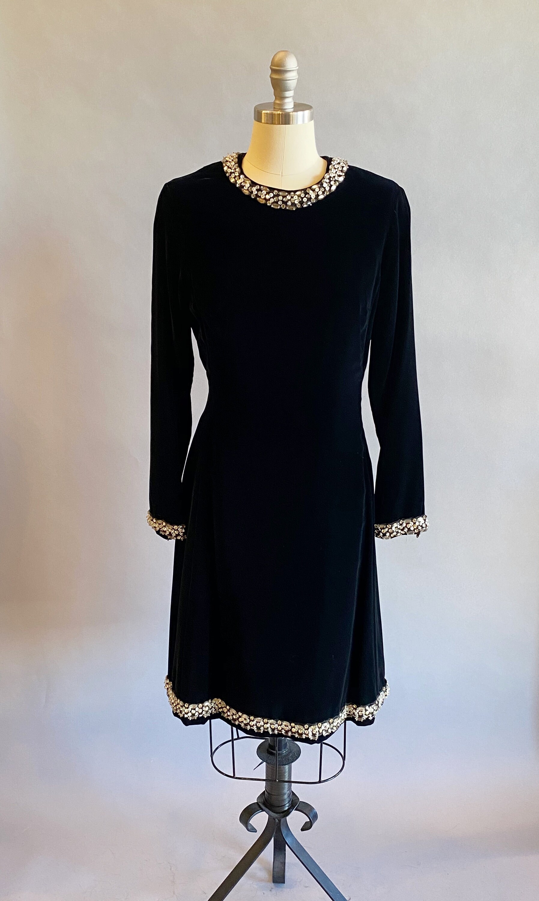 【日本製】 Rhinestone With Dress Velvet Black 1960s Trim Sheath 60s / ワンピース