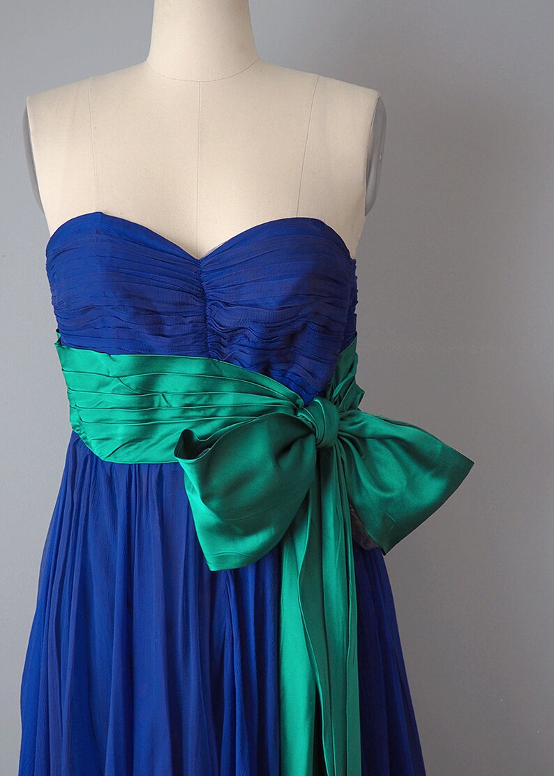 Bergdorf Goodman Designer Couture / 1950s Dress and Cape / 1957 Royal Blue and Emerald Silk Gown and Matching Cape / Size Small image 2